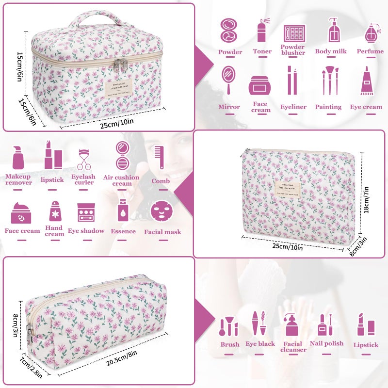 Gosect Makeup Bag Set  Quilted Makeup Bag  Large Floral Cosmetic Bag for Women  Cute Cotton Makeup Bags  Flower Travel Toiletry Organizer Bag (Purple Flower) - Image 2